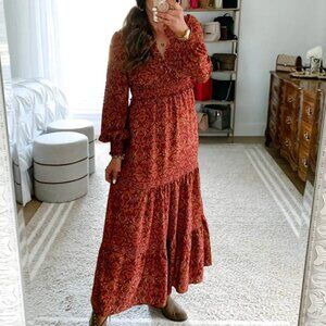 Max Studio Boho Ruffle Tiered Maxi Dress – Size S | Burgundy Paisley Print